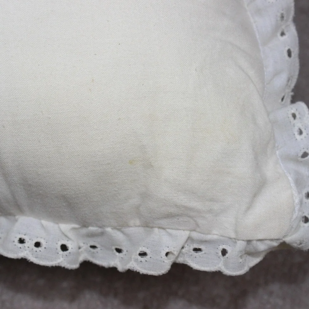 Vintage Candlewick Heart Bow Embroidered Throw Pillow Eyelet Lace Ruffle Cream